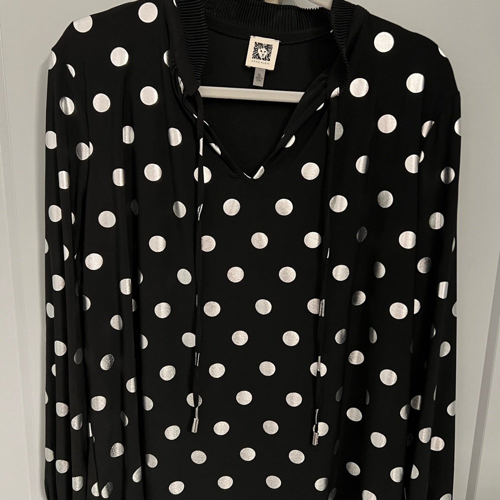 Anne Klein Black and Silver Polka Dot Blouse